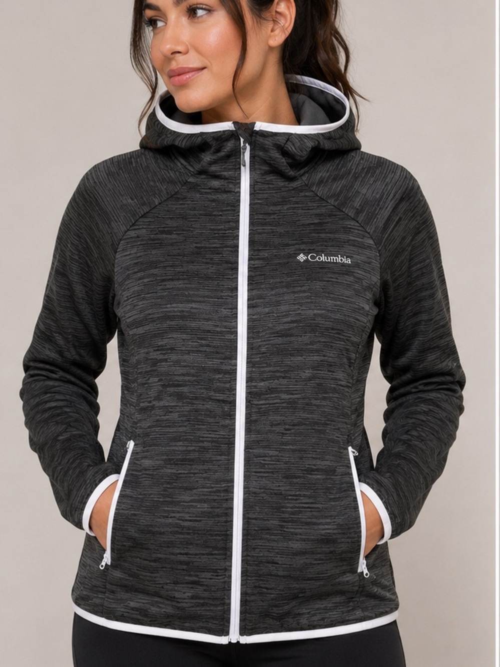 Columbia Grey Heather Hooded Lightweight Jacket with Baby Blue Trim
